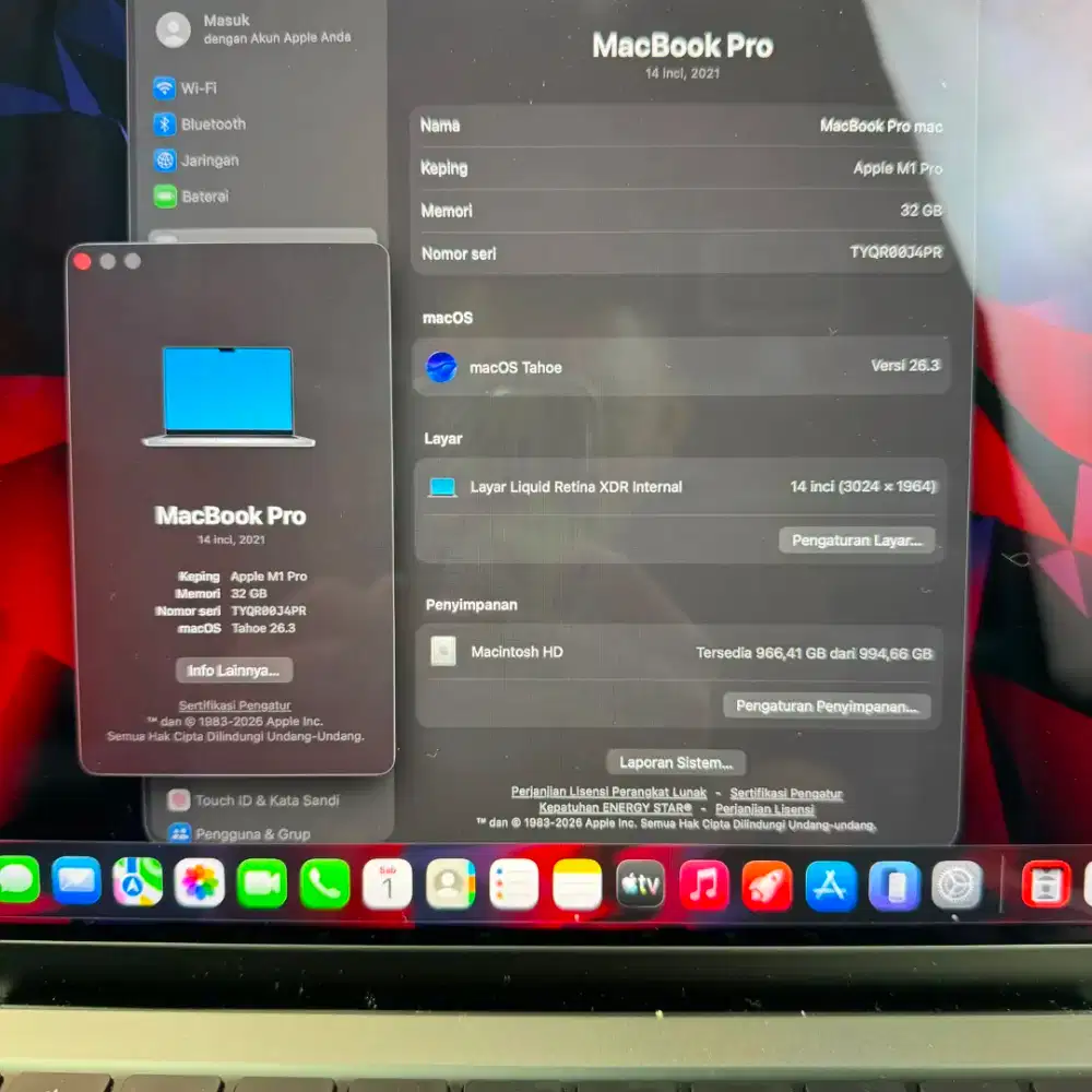 Macbook M1 Pro 14 Inch Ram 32 Ssd 1 Tb lengkap full set Space Grey