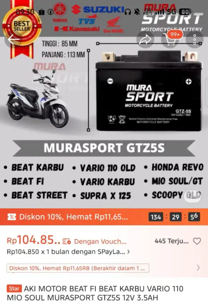 Aki kering motor 120v merk MURA SPORT untuk motor CC 110