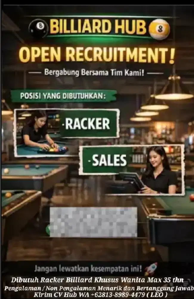 Lowongan Kerja khusus Wanita Racker Billiard