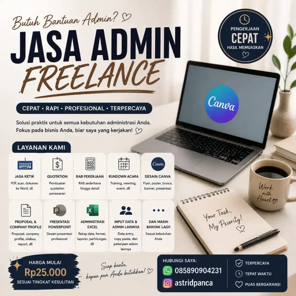 Jasa Admin Freelance | Canva, Quotation, Excel, PPT & Ketik Dokumen