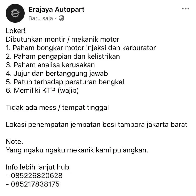 LOKER MONTIR ATAU MEKANIK MOTOR