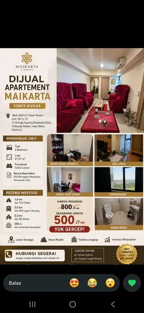 Dijual murah apartmen meikarta full furnish