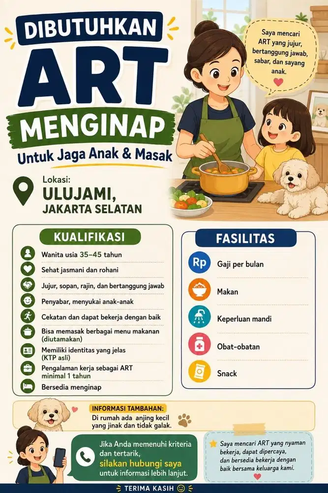 Dibutuhkan ART menginap - jaga anak dan masak
