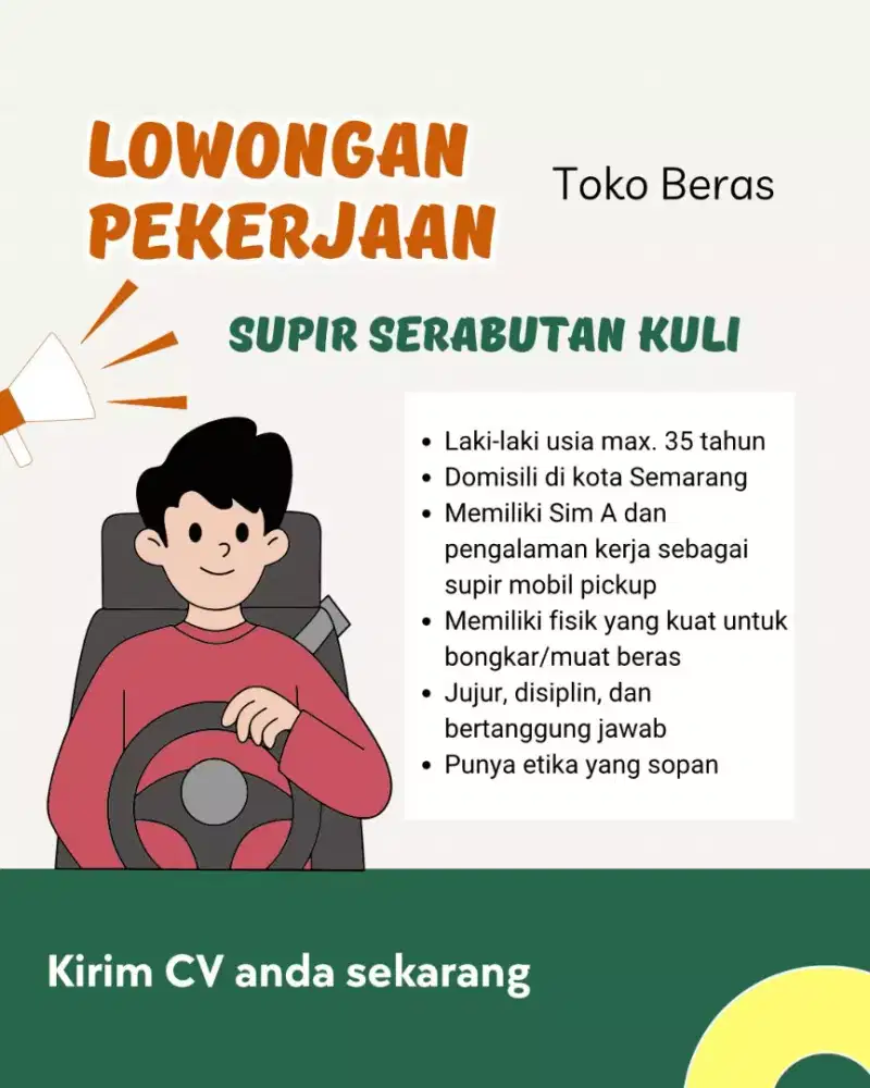 Lowongan Kerja Dibutuhkan Driver / Supir serabutan kuli kota semarang