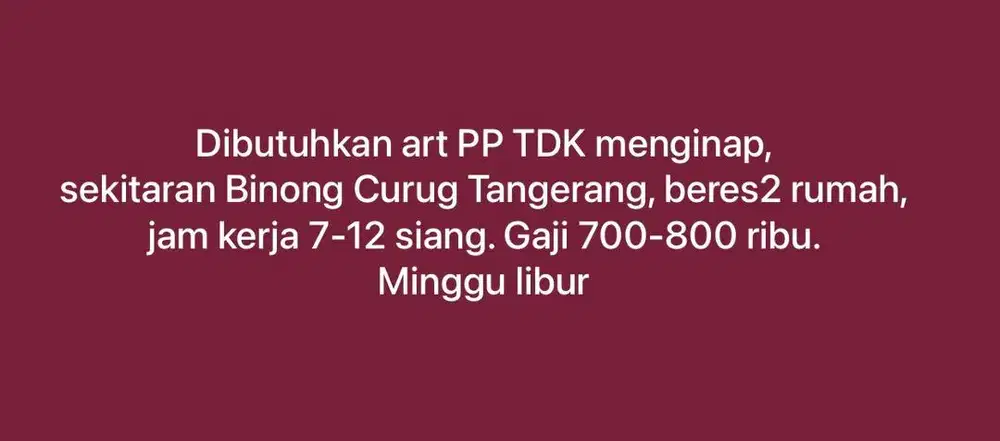 Dicari ART tidak menginap