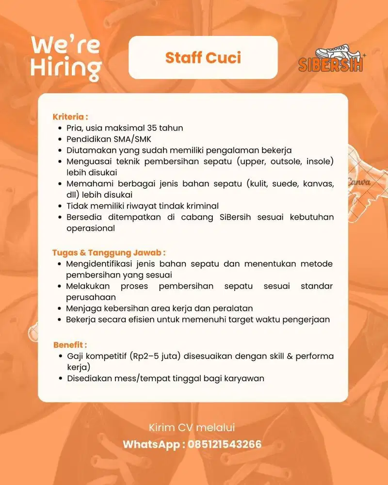 Open Recruitment - Shoe Care Staff (Staff Cuci Sepatu)