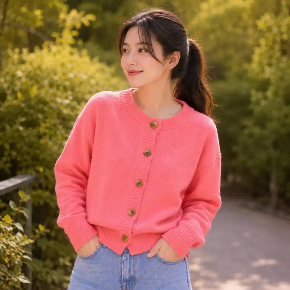Cardigan Rajut Pink - Knitwear Kancing Depan Halus