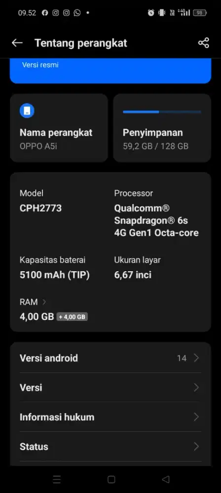 Oppo a5i 4+4/128