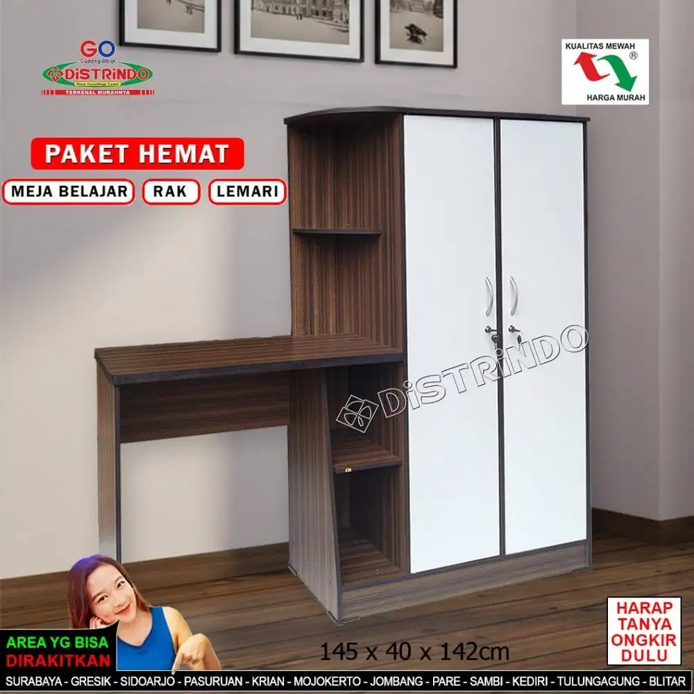DISTRINDO Meja Belajar Paket Hemat Lemari dan Rak Buku / Meja Belajar