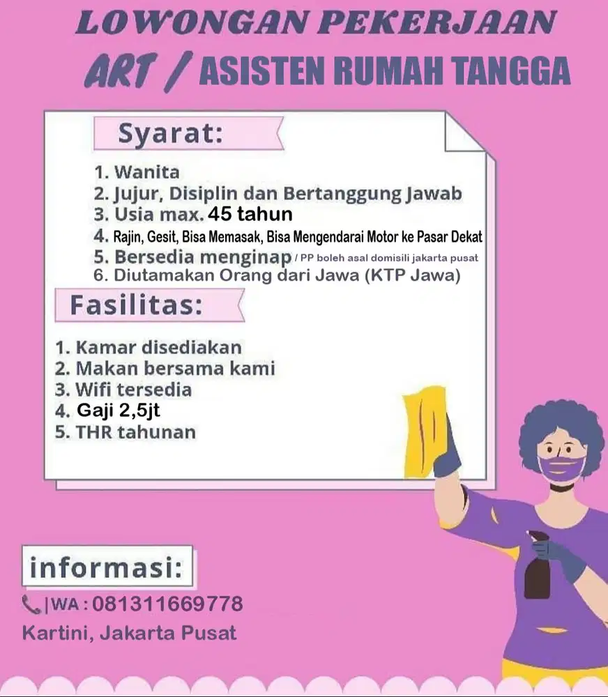 DICARI ART CEPAT Rajin, Bisa Memasak