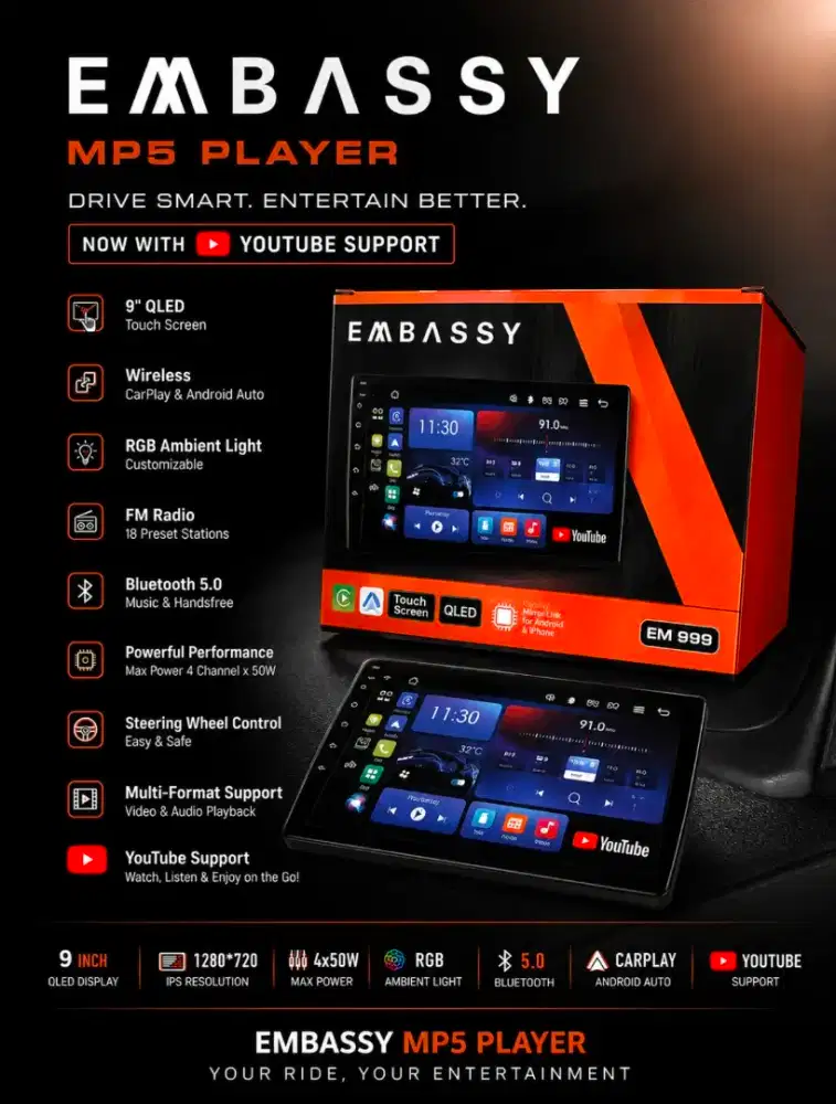 DEKLES USB MP5 LAYAR 9INCH EMBASSY, BISA YOUTUBE