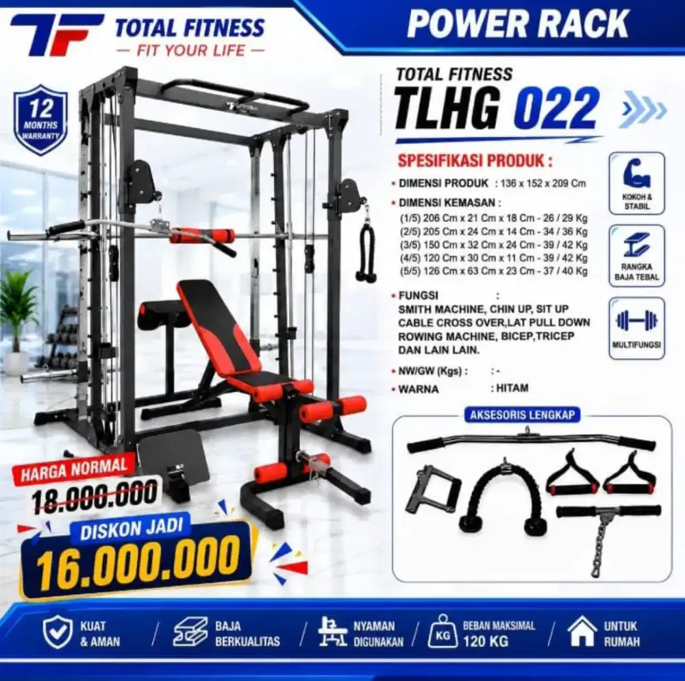 Power Rack Smith Machine Home Gym Multifungsi TLHG 022 Chin Up Cable