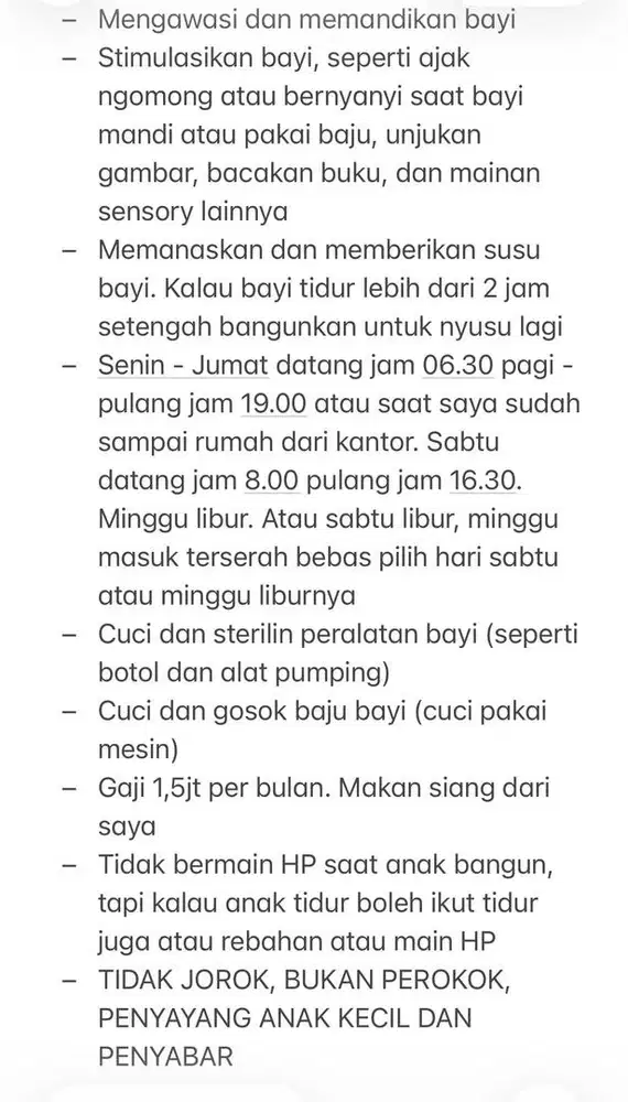 Dibutuhkan Pengasuh Bayi 5 Bulan (Pulang Pergi) Lokasi Tanjung Priok