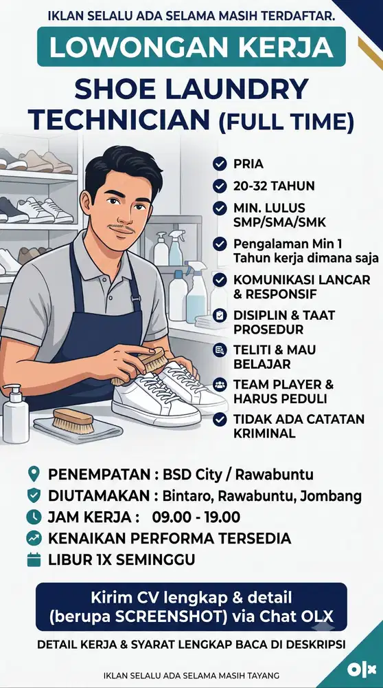 Lowongan kerja Cuci Sepatu Shoe Laundry FULL TIME Bsd City Rawabuntu.