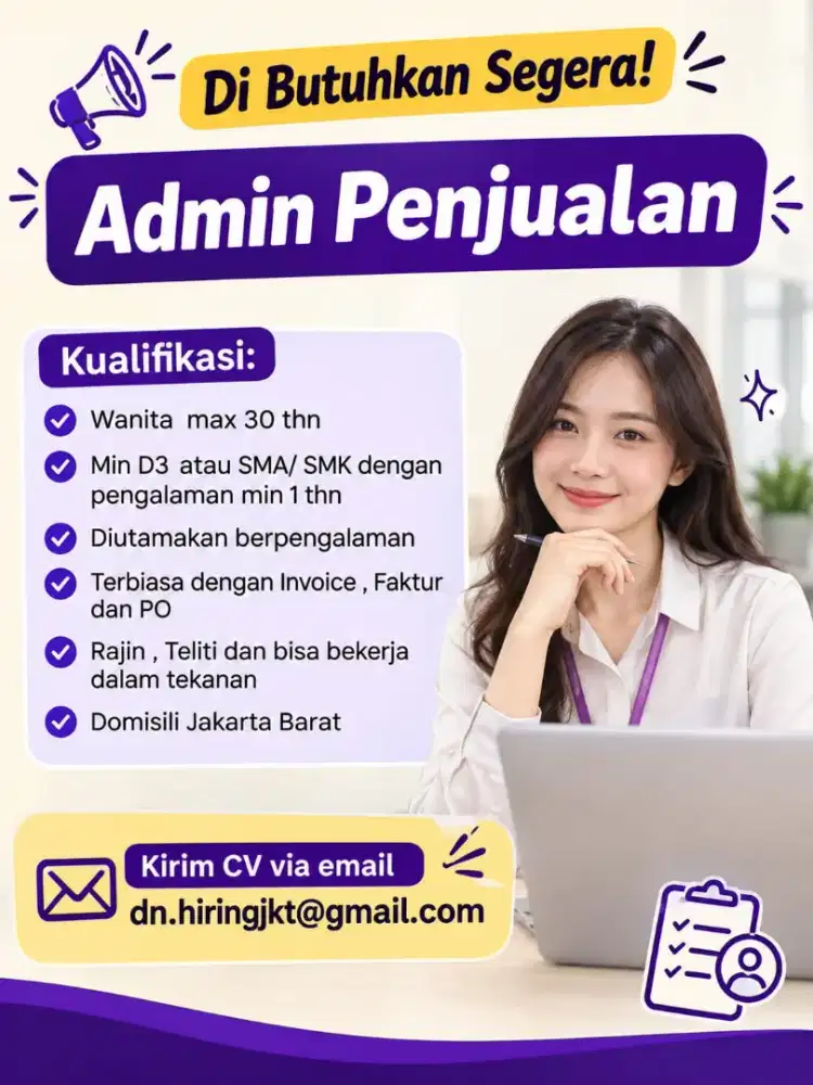 Dibutuhkan Admin Penjualan