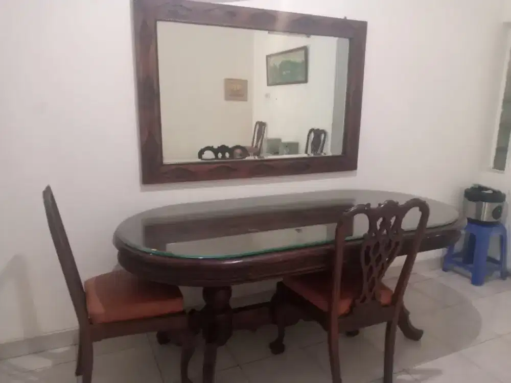 Meja makan kaca jati 5 kursi