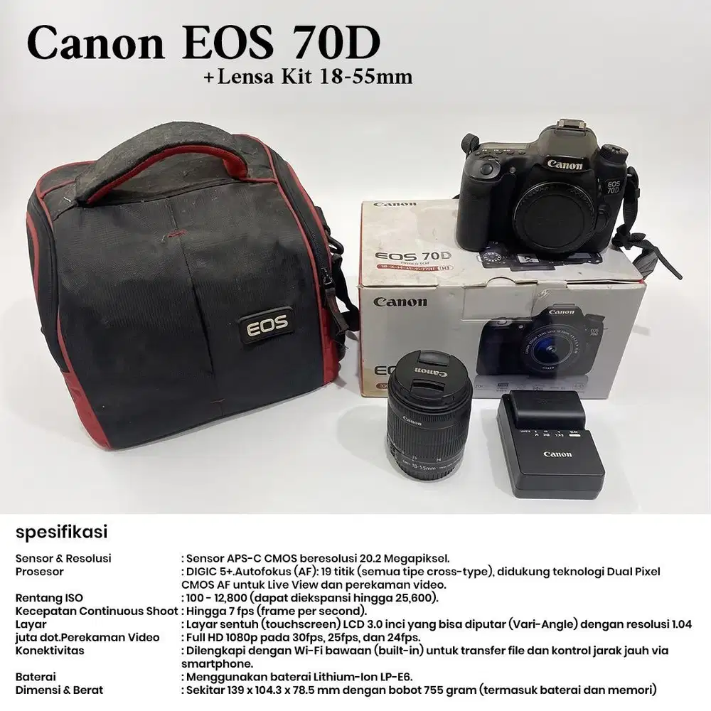 Kamera Canon EOS 70D + lensa kit 18-55mm