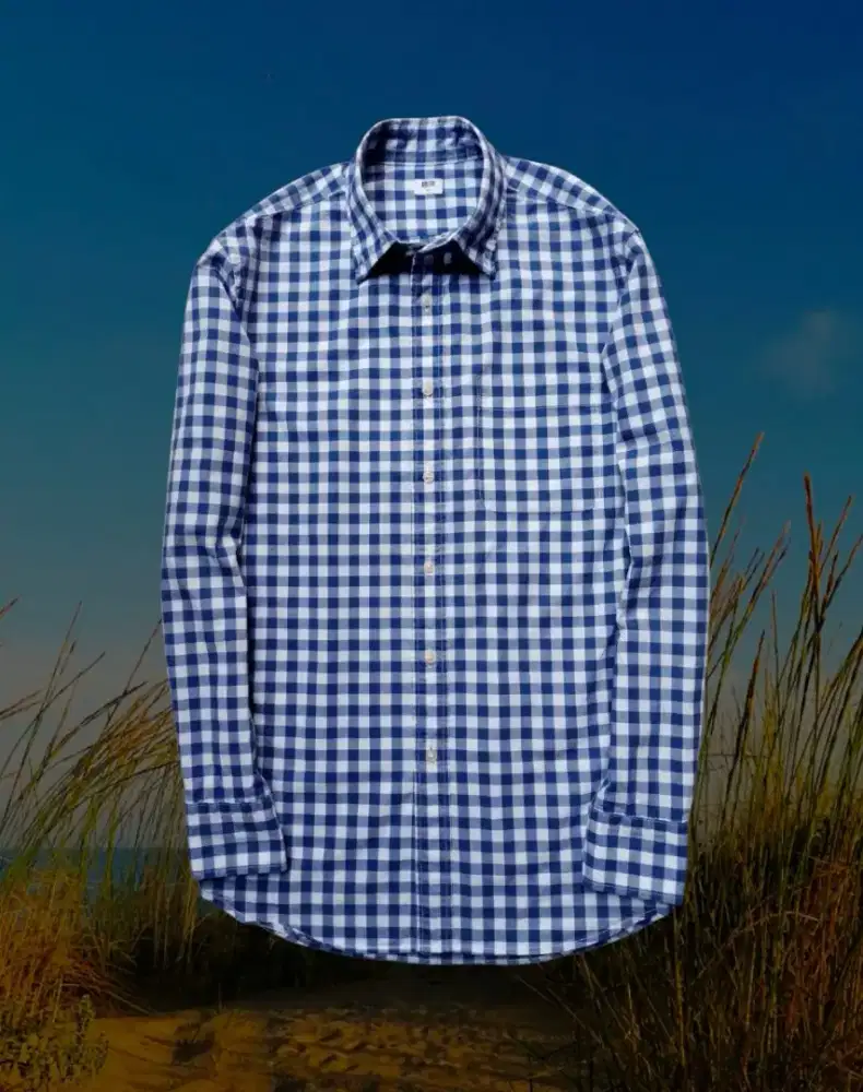 KEMEJA PANJANG UNIQLO KOTAK2 BIRU PUTIH, SIZE : S(LD98-100, P71)