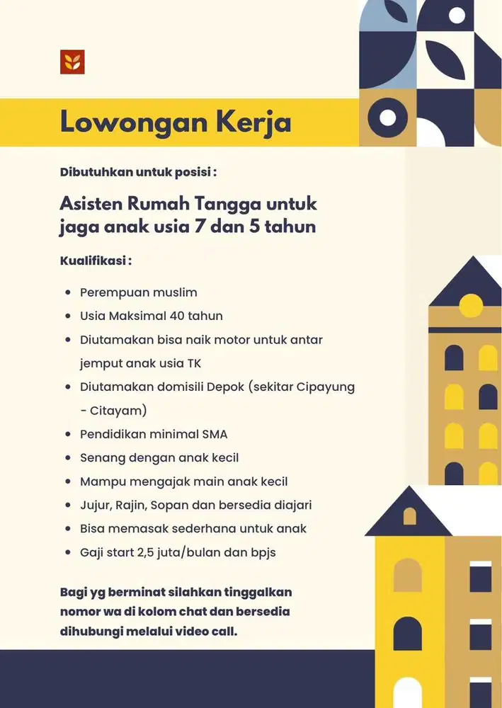 Lowongan ART Momong Anak usia 5 dan 7 tahun