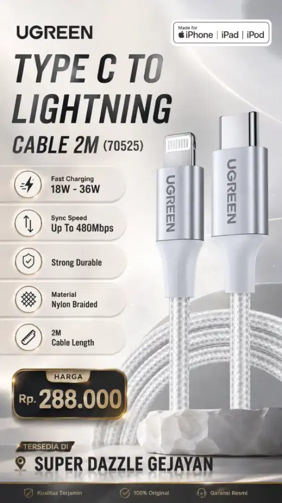 UGREEN TYPE C TO LIGHTNING CABLE MFI 2M (70525)