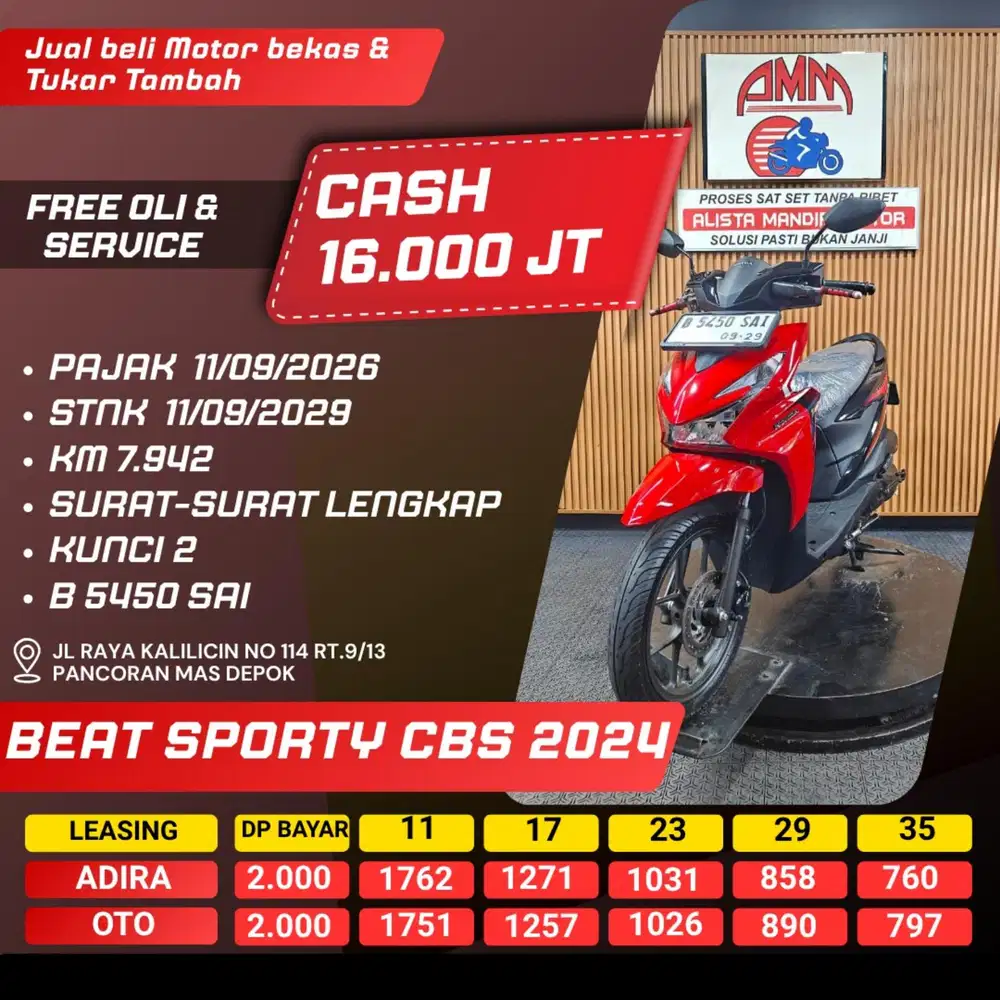 BEAT SPORTY CBS 2024 PAJAK HIDUP KUNCI 2 CASH / KREDIT ALISTA