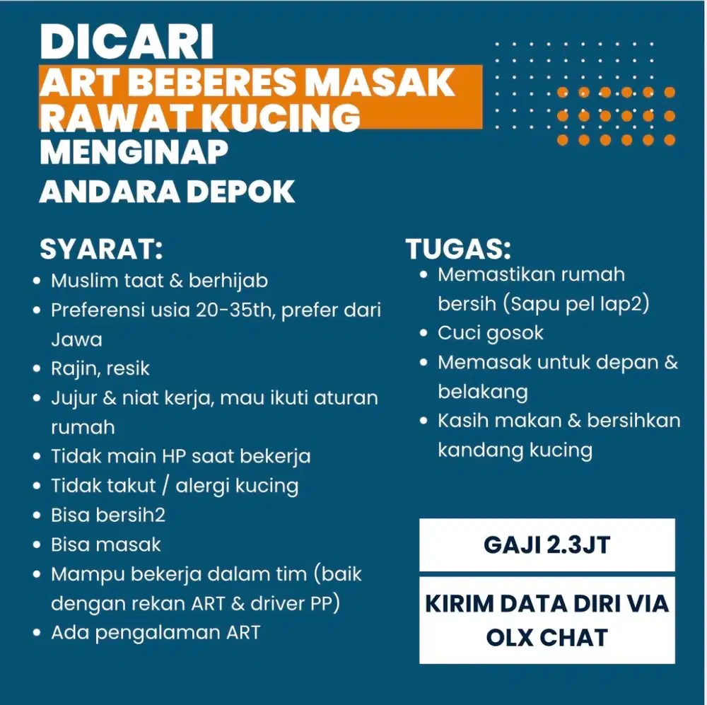 Dicari ART Beberes Masak, Menginap di Andara Jaksel