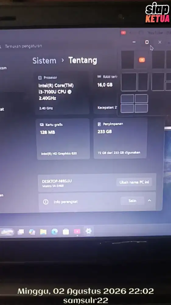dell Vostro 14-3468 Ram ddr4 16gb Ssd 256gb