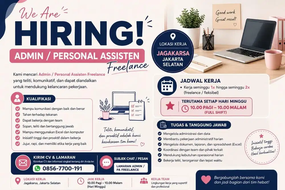 Dicari Freelance Untuk Personal Assisten atau Admin