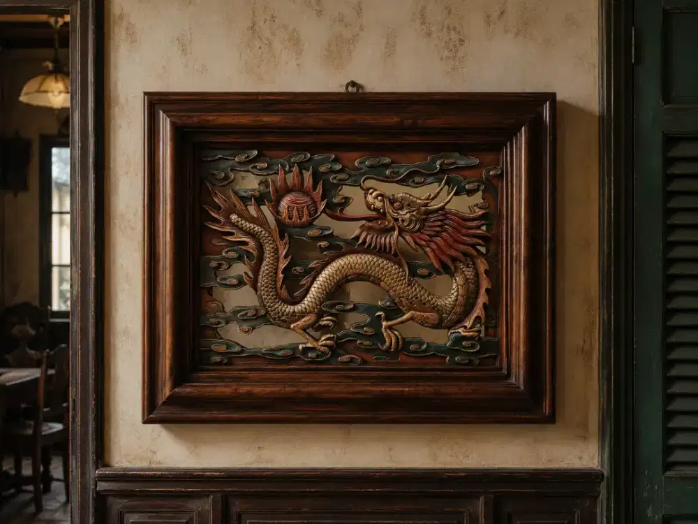 Lukisan relief naga kayu jati