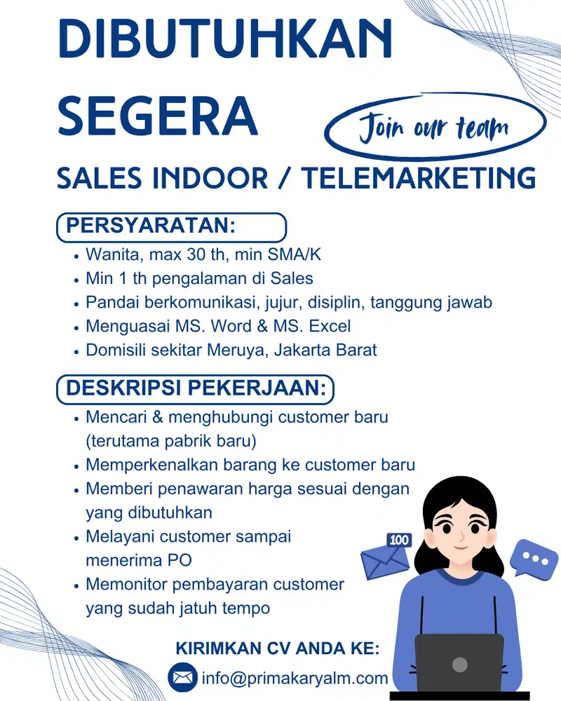 Butuh segera Sales Indoor / Telemarketing