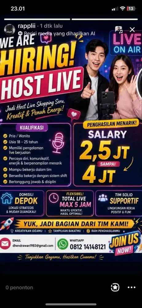 (MASIH ADA) DICARI HOST LIVE STREAMING (BERPENGALAMAN)