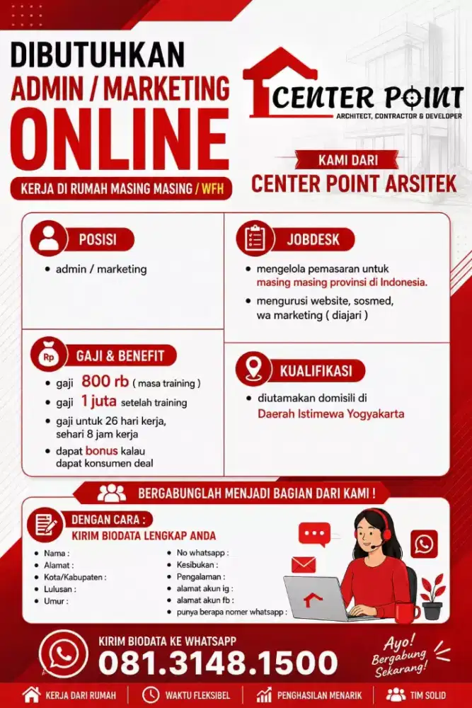 Dibutuhkan admin/marketing online kerja di rumah masing masing / WFH