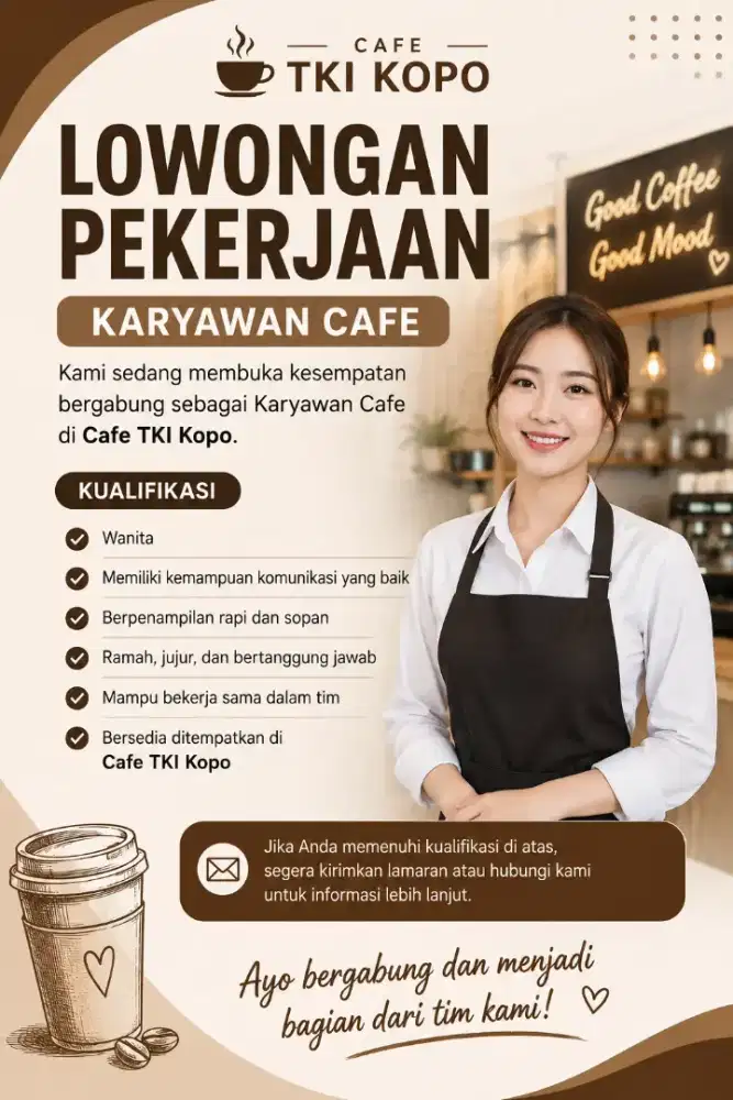 Dicari karyawan wanita untuk cafe