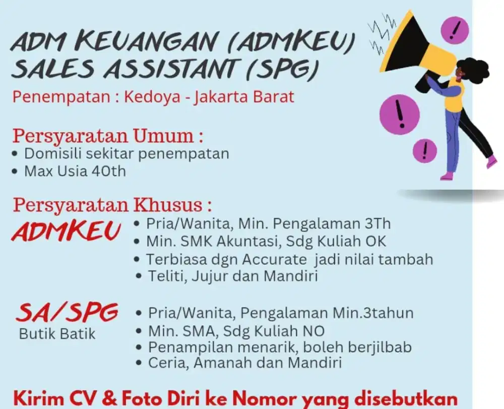 ADMIN Keuangan Dan SPG Wanita siap langsung kerja
