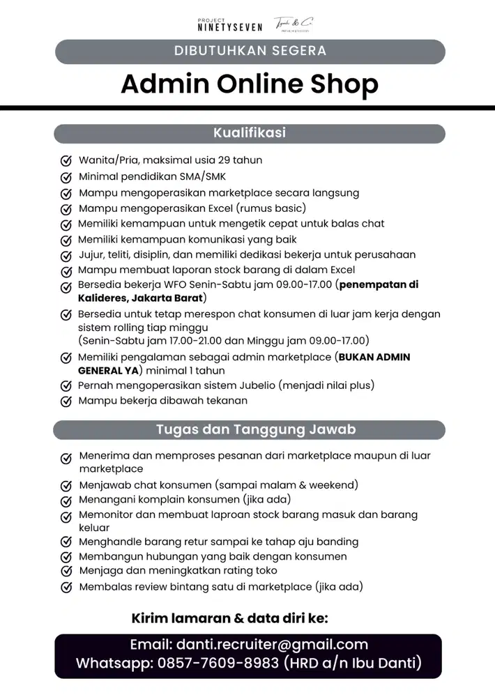 LOKER ADMIN ONLINE SHOP (KALIDERES, JAKARTA BARAT)