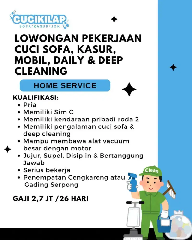 DICARI KARYAWAN CUCI SOFA ATAU DEEP CLEANING