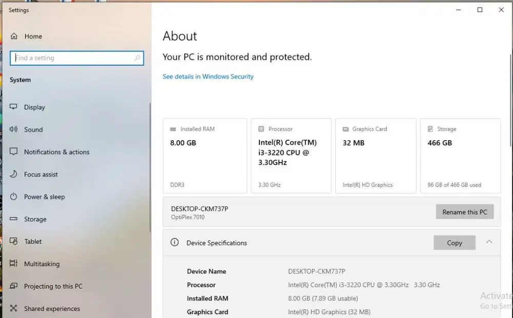 PC Dell Core i3-Gen 3, SSD 240Gb, HDD 500Gb, Ram 8Gb Minus Tutup Case
