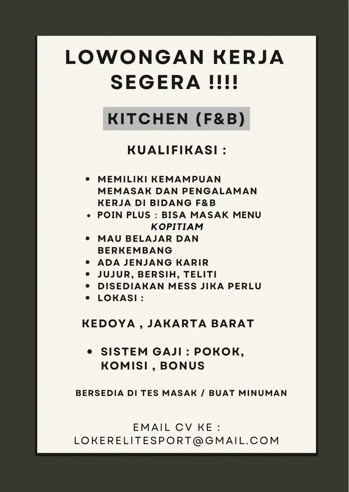 kitchen f&b ! wajib punya pengalaman