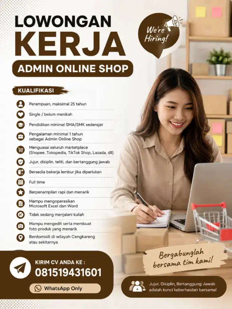 Loker Admin Online Shop Full Time Gaji Menarik - Cengkareng