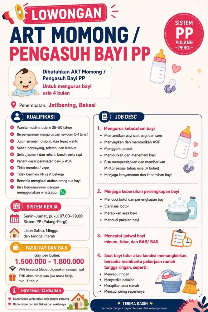 Lowongan Kerja ART Momong PP (berpengalaman) Jatibening Bekasi
