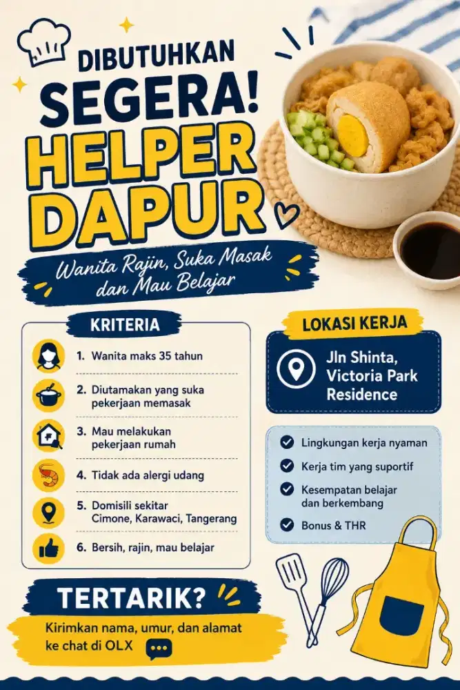 DIBUTUHKAN SEGERA – HELPER DAPUR (WANITA)