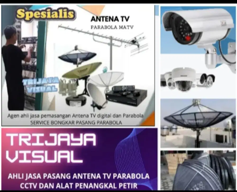 Teknisi pasang antena TV digital service parabola dan camera CCTV