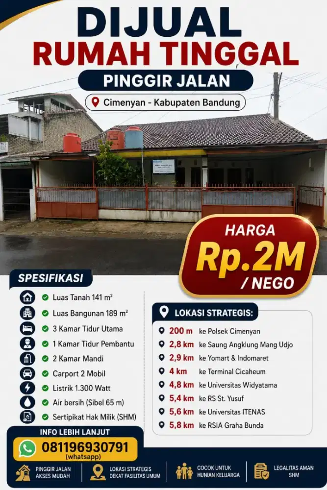 Rumah pinggir jalan strategis adem sejuk derah Bandung Atas