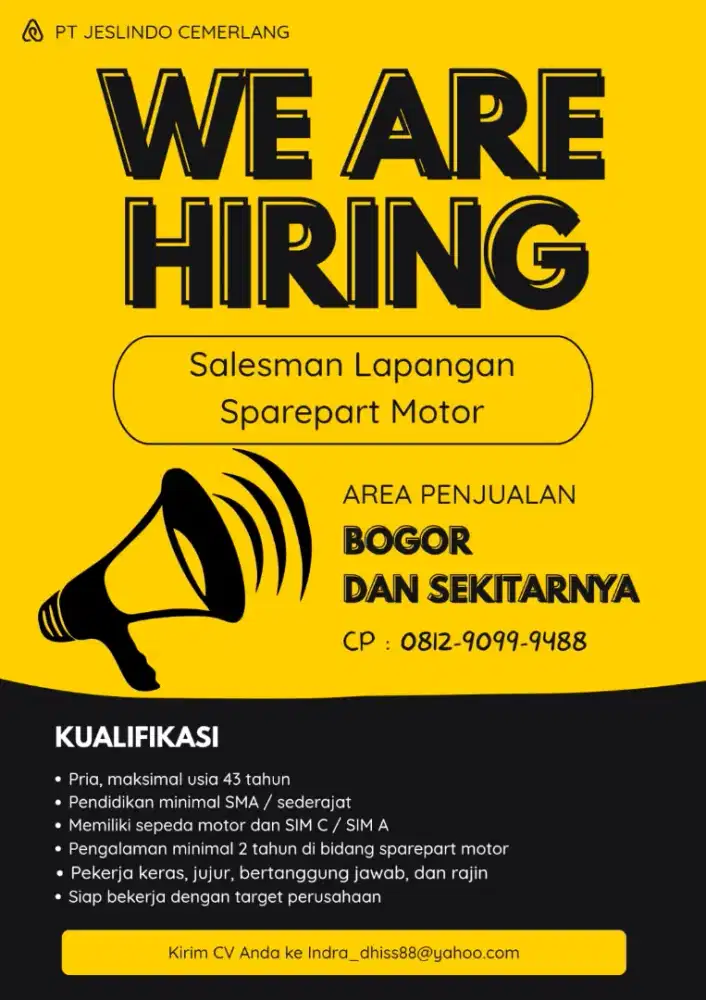 Dibutuhkan Salesman Lapangan Sparepart Motor Bogor dan sekitarnya