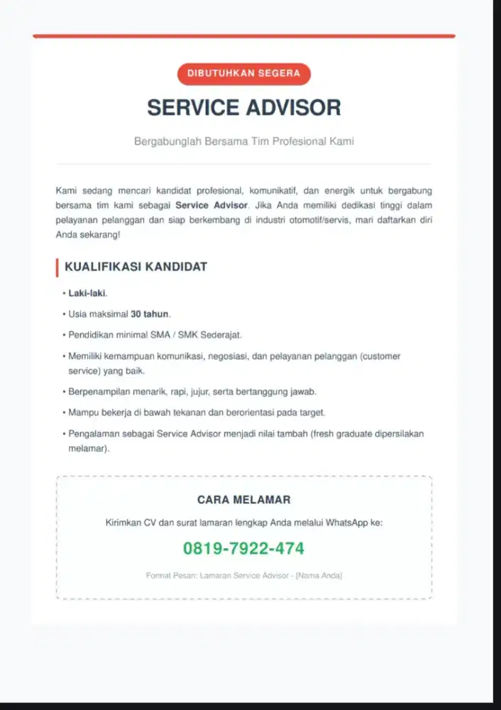 LOWONGAN KERJA SERVICE ADVISOR (SA)