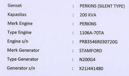 Genset PERKINS 200kva 160kw