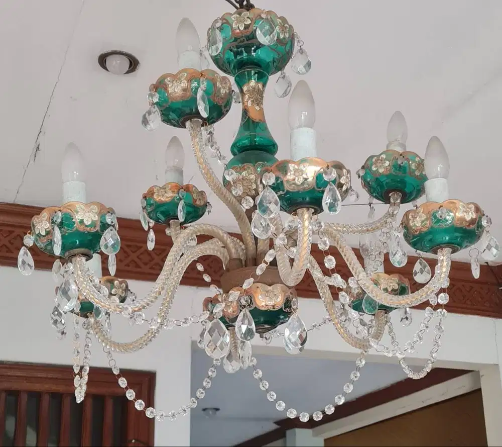 Lampu Kristal Mewah Motif Floral Emas & Hijau Emerald
