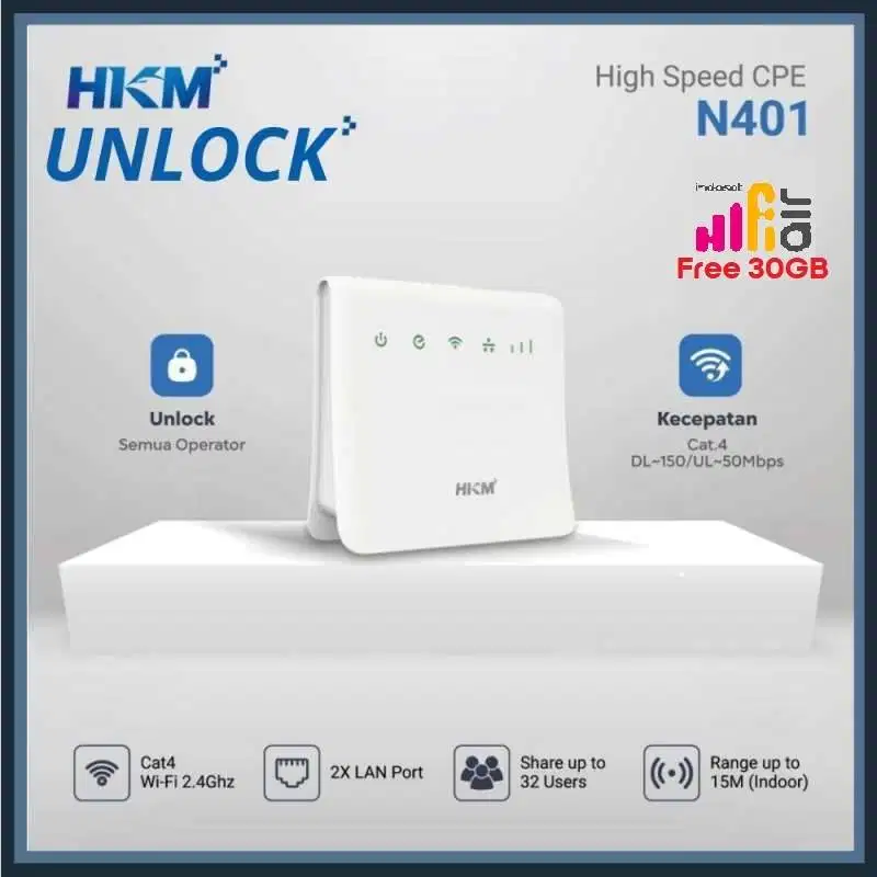 WiFi Modem 4G HKM N401 - Unlock All Operator + free Indosat HiFi 30GB