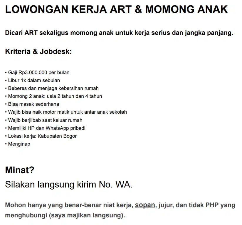 LOWONGAN KERJA ART & MOMONG ANAK