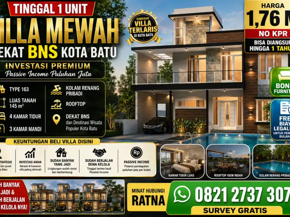 Villa Mewah Dekat BNS Kota Batu Type 163 Kolam Renang Rooftop Bonus Furniture Tinggal 1 Unit